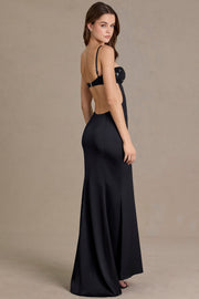 Oh Polly Embellished 15735 robe satin noir fente