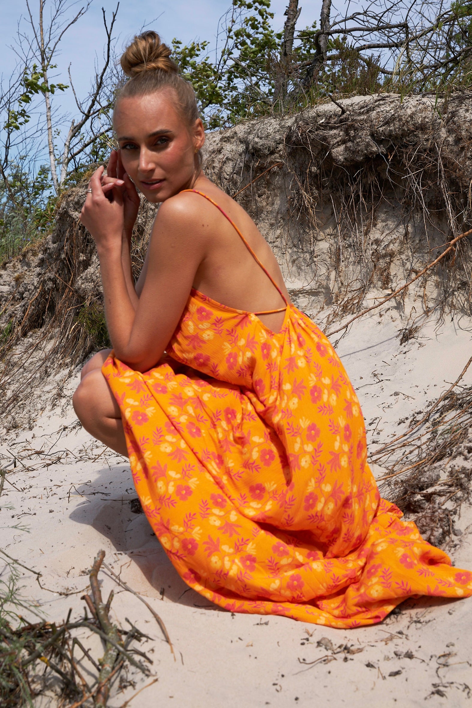 Chicosoleil Xena robe longue viscose orange fleuri XS-XL
