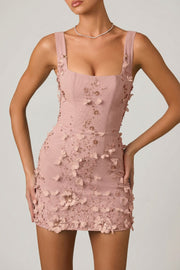 Oh Polly Briar Appliqué Corset Mini robe satin rose poudré fleurs