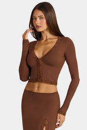 Oh Polly Mindy cardigan court marron modal dentelle