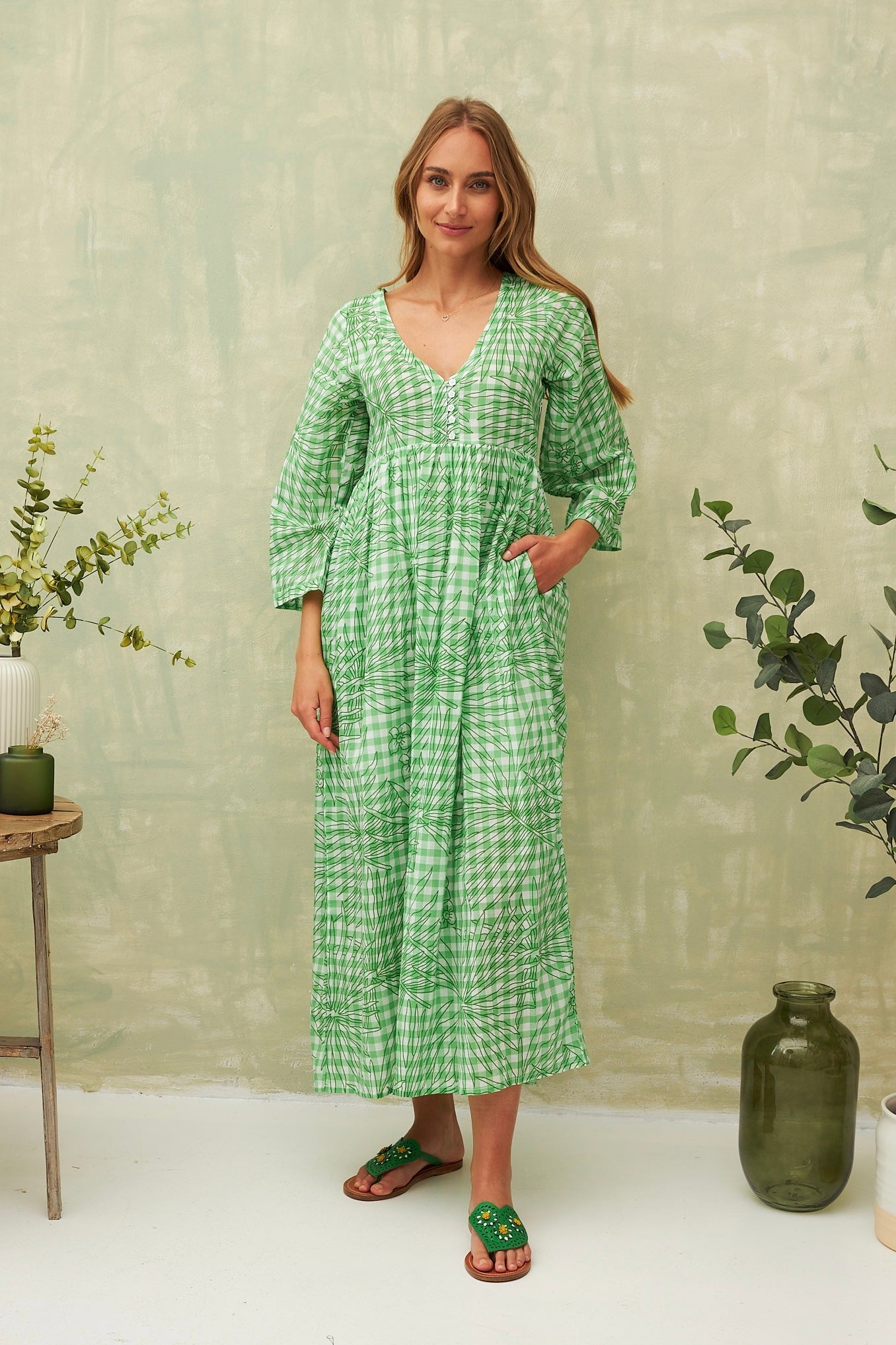 Chicosoleil Claudia robe longue vert Vichy Bohème