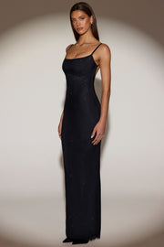 Oh Polly Embellished Celandine robe maxi noire dos nu strass