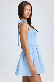 Oh Polly Draped Corset Mini Robe Bleu Ciel Satin Dos Lacé
