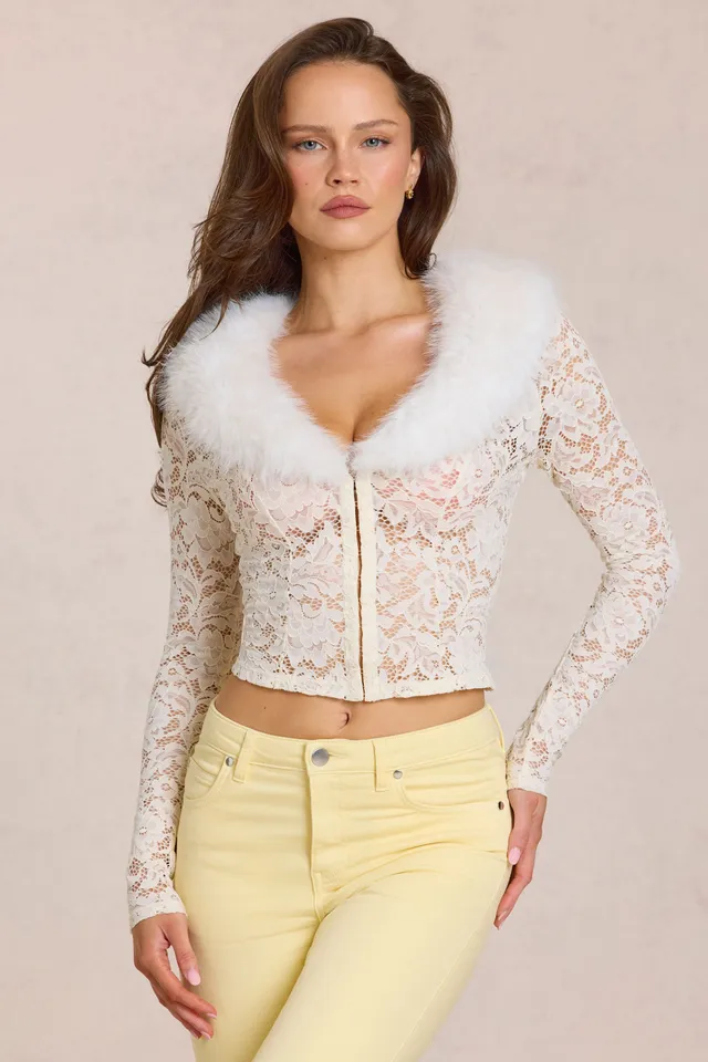 Oh Polly Solaya Cardigan dentelle Ivory col fourrure