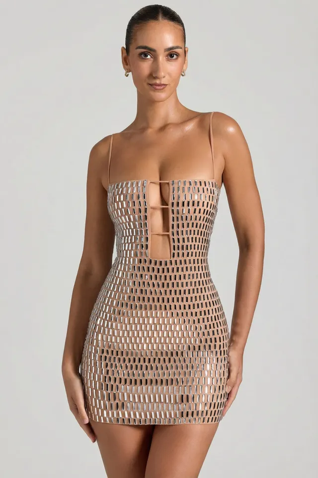 Oh Polly Embellished 10087 mini robe miel découpes strass