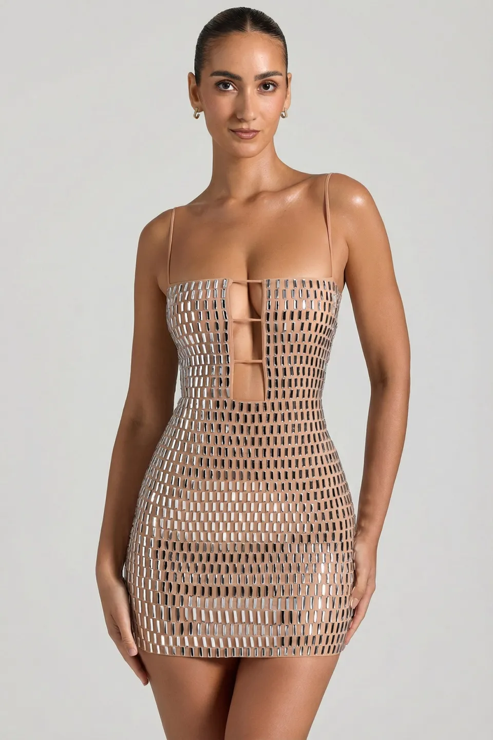 Oh Polly Embellished 10087 mini robe miel découpes strass