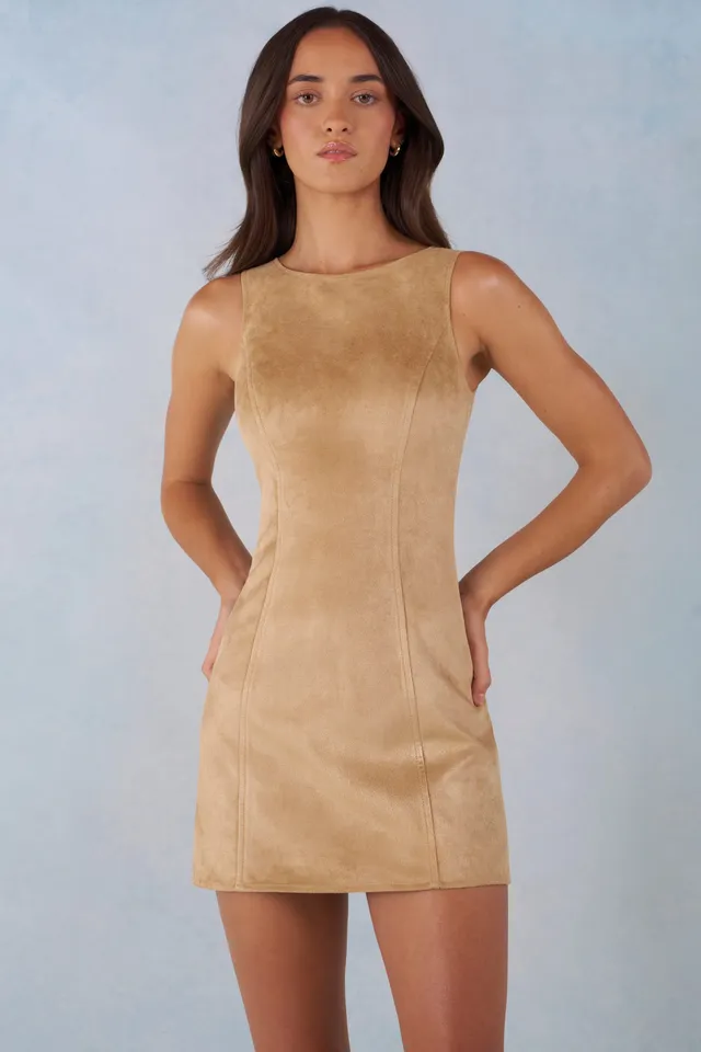 Oh Polly robe mini trapèze suédine camel col montant