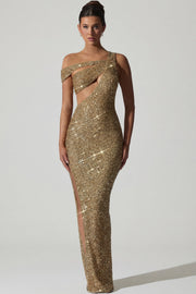 Oh Polly Embellished Persephone robe longue dorée sequins fendue