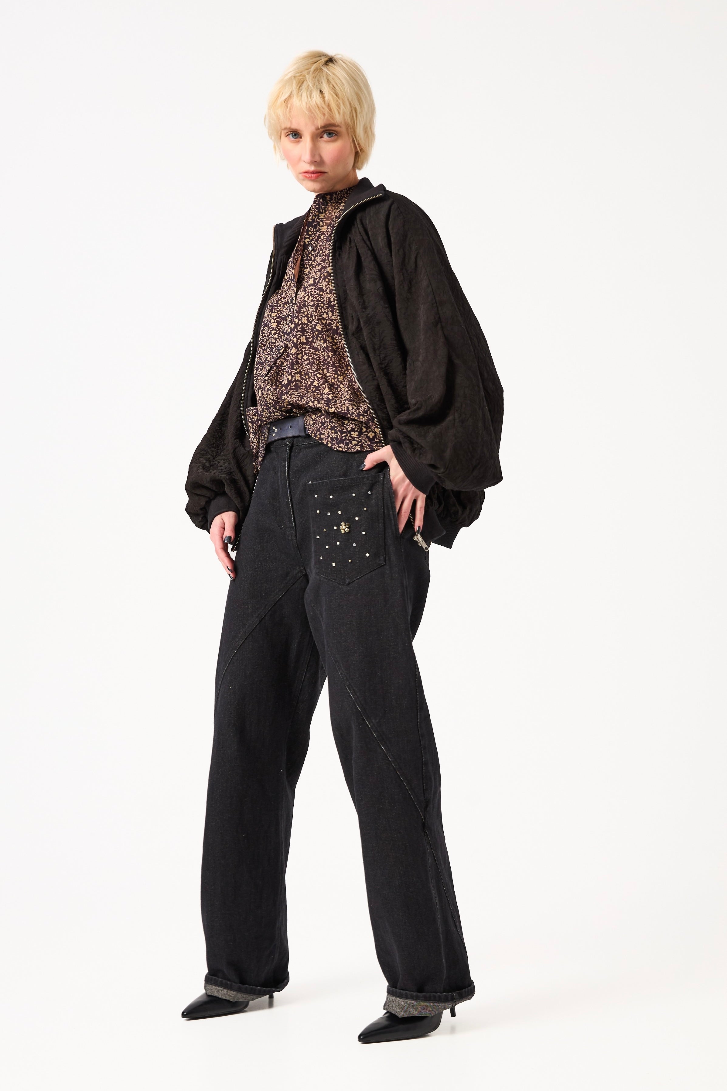 Chicosoleil Hitomi jean wide leg noir coton broderies