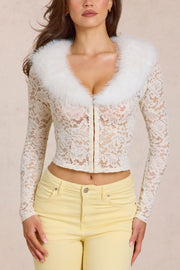 Oh Polly Solaya Cardigan dentelle Ivory col fourrure