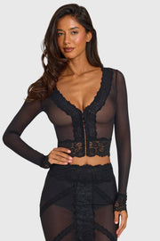 Oh Polly Knitwear Valeria gilet crop noir dentelle mesh