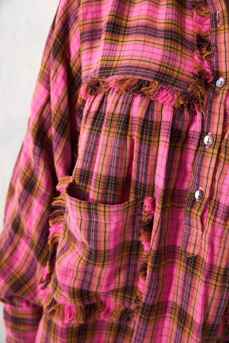 CHICOSOLEIL GOYA chemise pink check coton franges