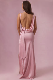 Oh Polly Dresses Florienne robe longue satin rose poudré fendue