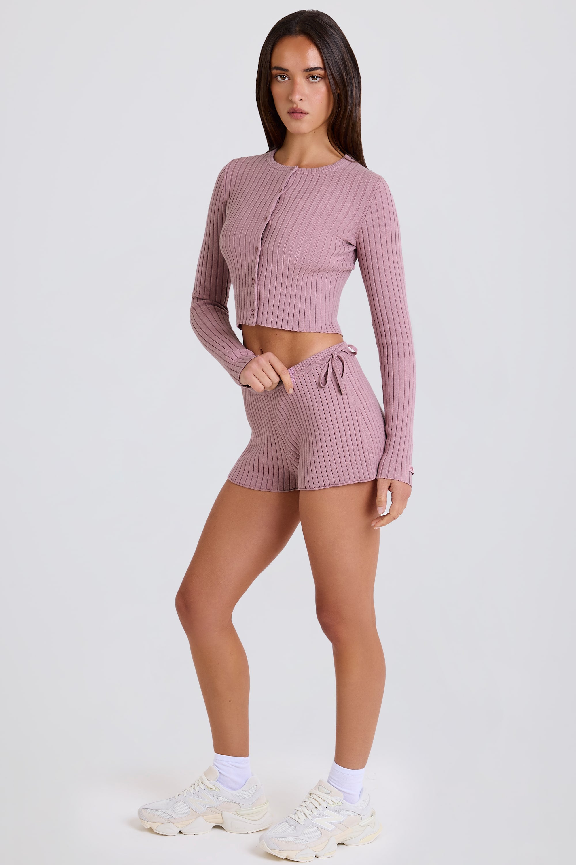 Oh Polly short mini maille côtelée mauve cordon