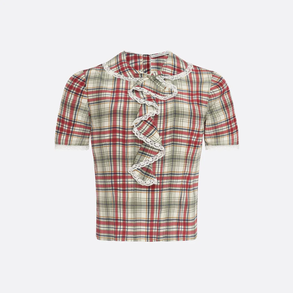 Alessandra Rich Tartan Silk Short Sleeve Blouse chemisier soie 40