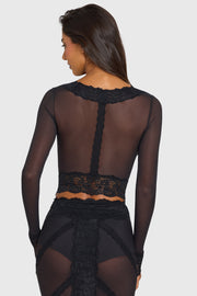 Oh Polly Knitwear Valeria gilet crop noir dentelle mesh