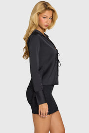 Oh Polly Tops Hettie Chemise Satin Noire Nouée