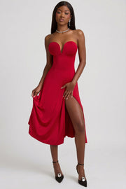 Oh Polly Joely robe bustier rouge jersey fente midaxi