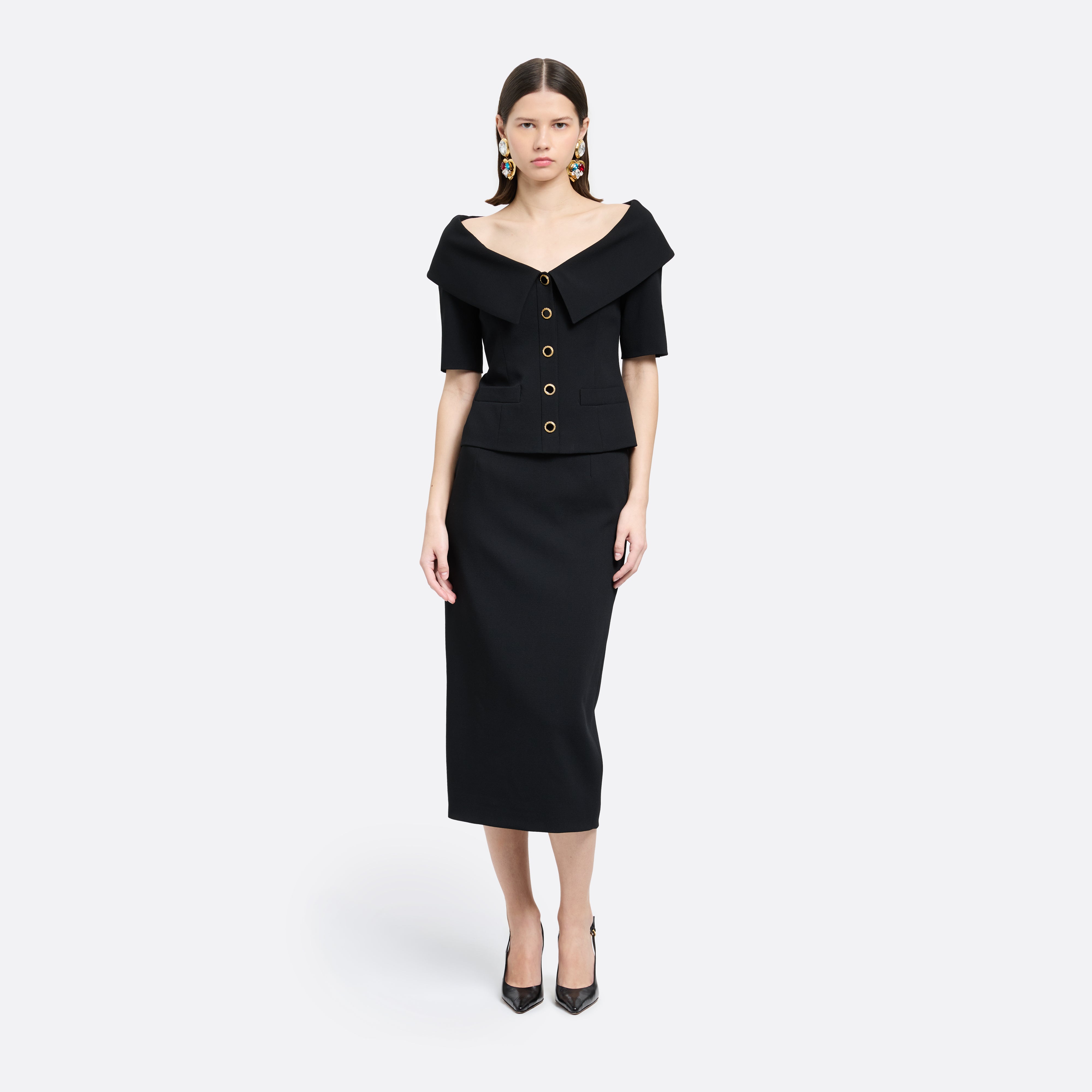 Alessandra Rich Wool Crêpe Midi Skirt jupe noire