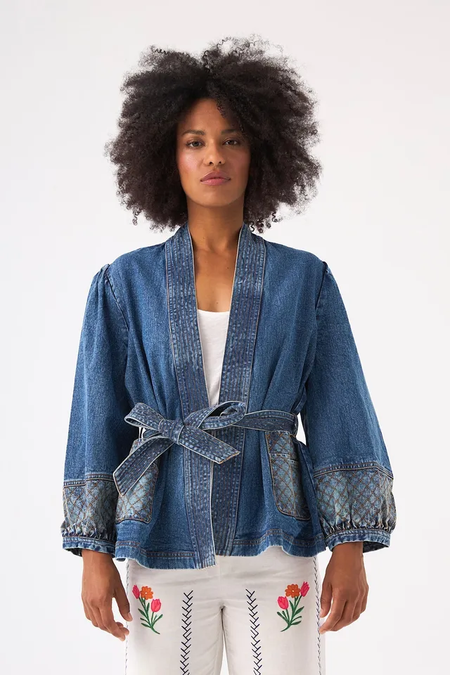 Chicosoleil Bowie veste kimono denim bleu ceinturée