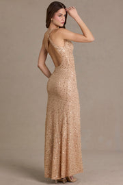 Oh Polly Embellished robe maxi asymétrique sable sequins