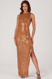 Oh Polly Embellished 16028 robe maxi bronze sequins