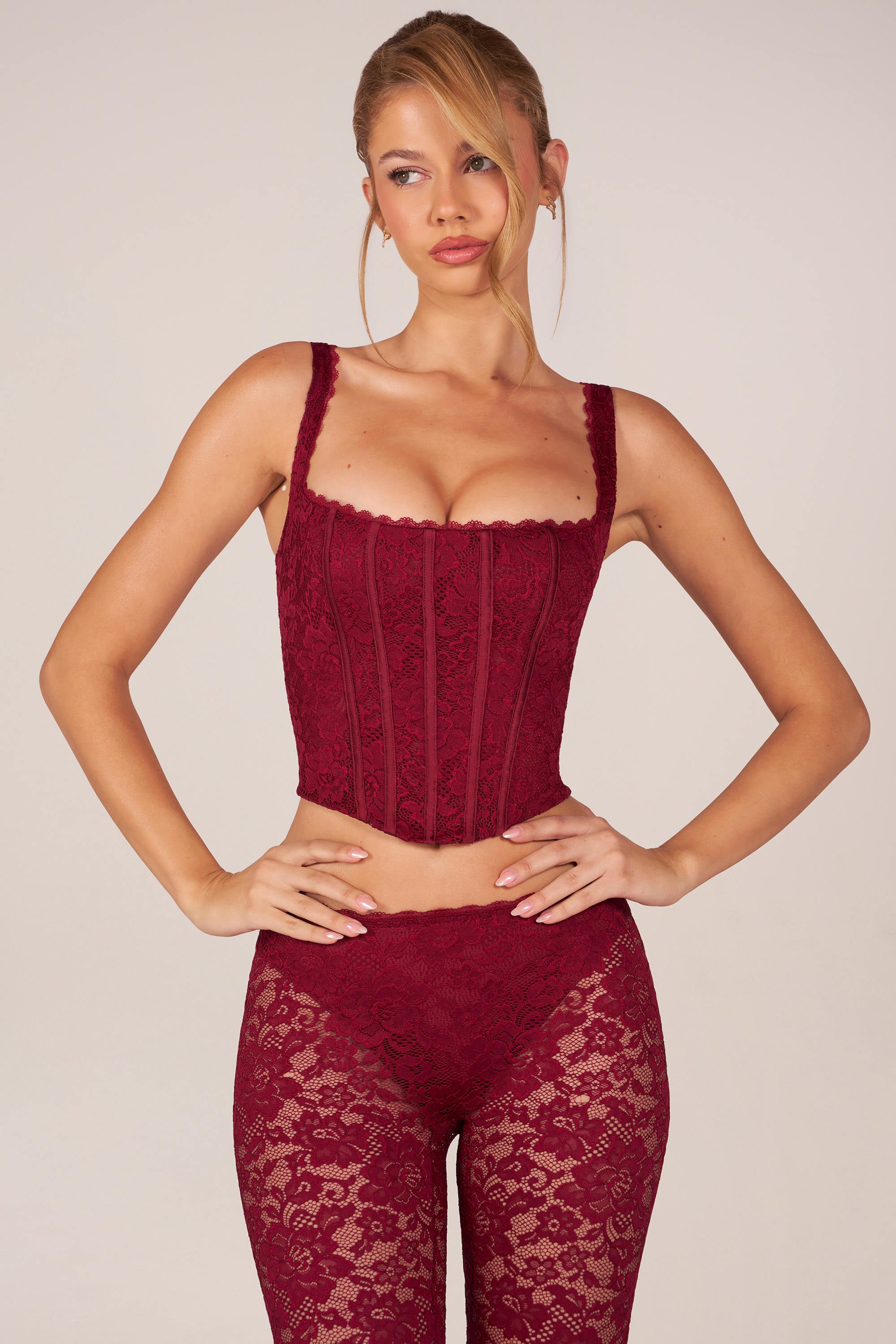 Oh Polly Jemara Top Corset Rouge Cerise Dentelle Laçage