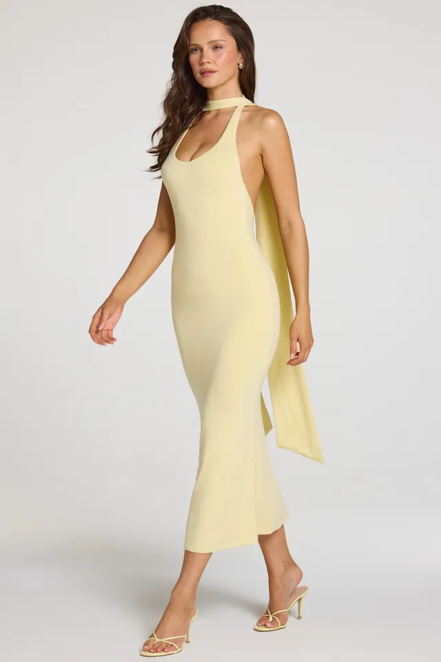 Oh Polly Giselle 16097 robe licou jaune pastel midaxi