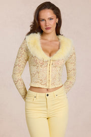 Oh Polly Solaya Cardigan dentelle jaune citron fourrure