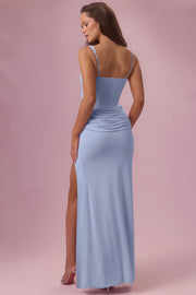 Oh Polly Dresses Rosina robe longue bleu ciel fente corset