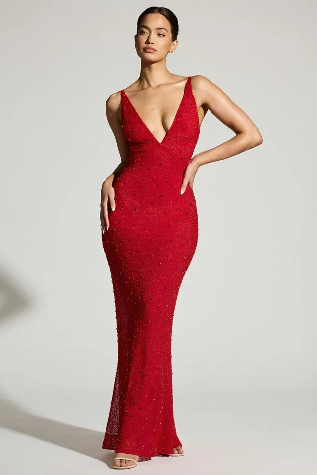 Oh Polly Embellished Colmar robe de soirée rouge strass
