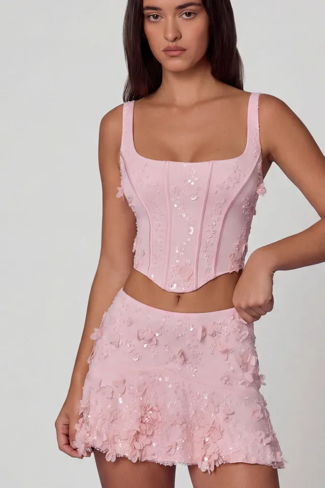 Oh Polly Lorelei 10942B mini jupe rose à sequins fleurs