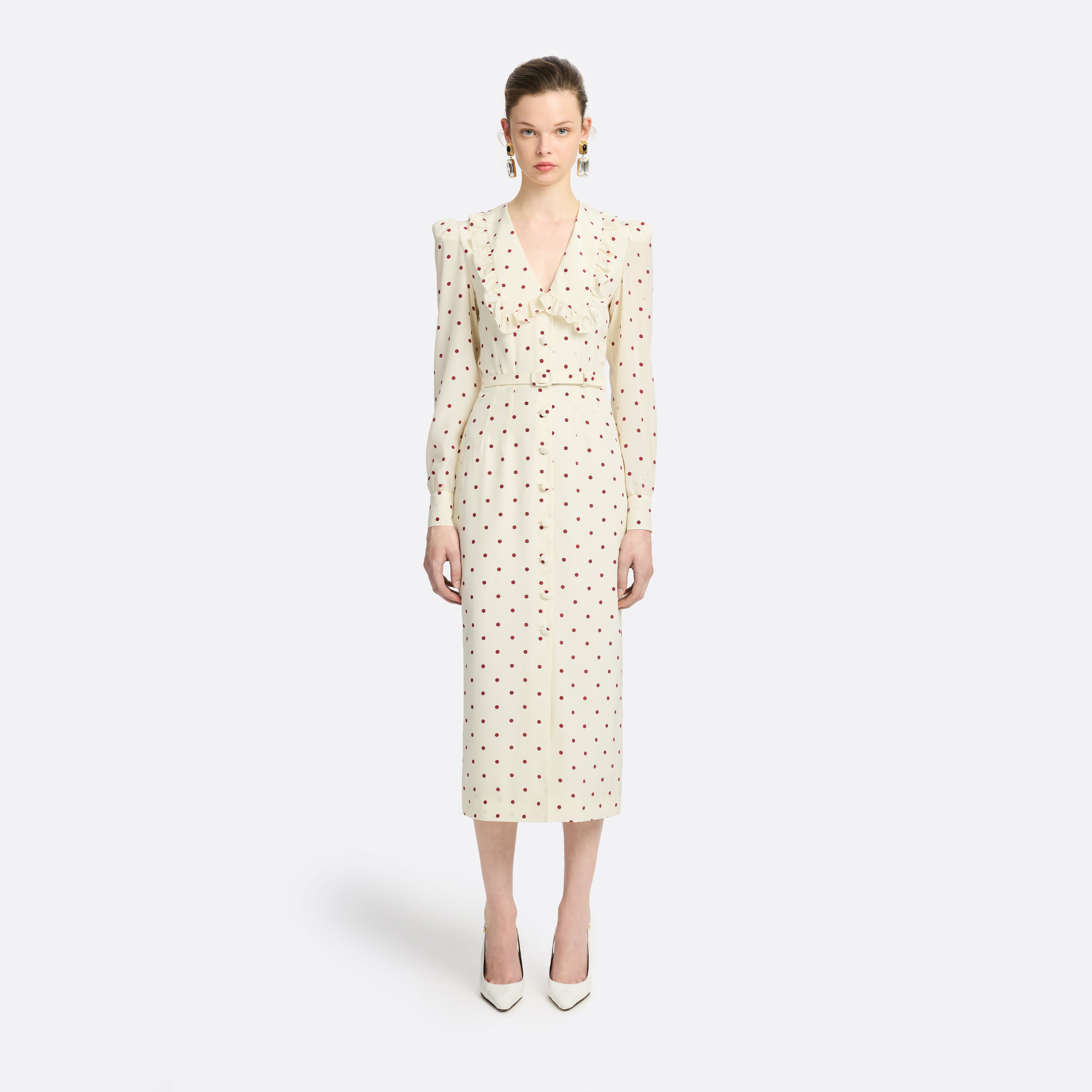 Alessandra Rich Robe soie midi pois crème-bordeaux 36
