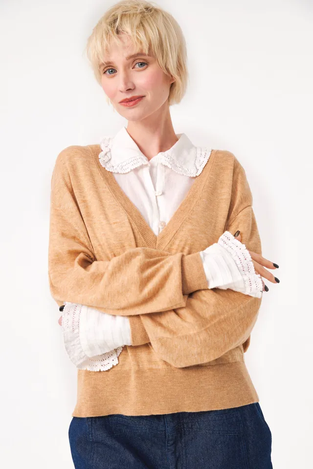 Chicosoleil Poupy pull oversize beige col V laine