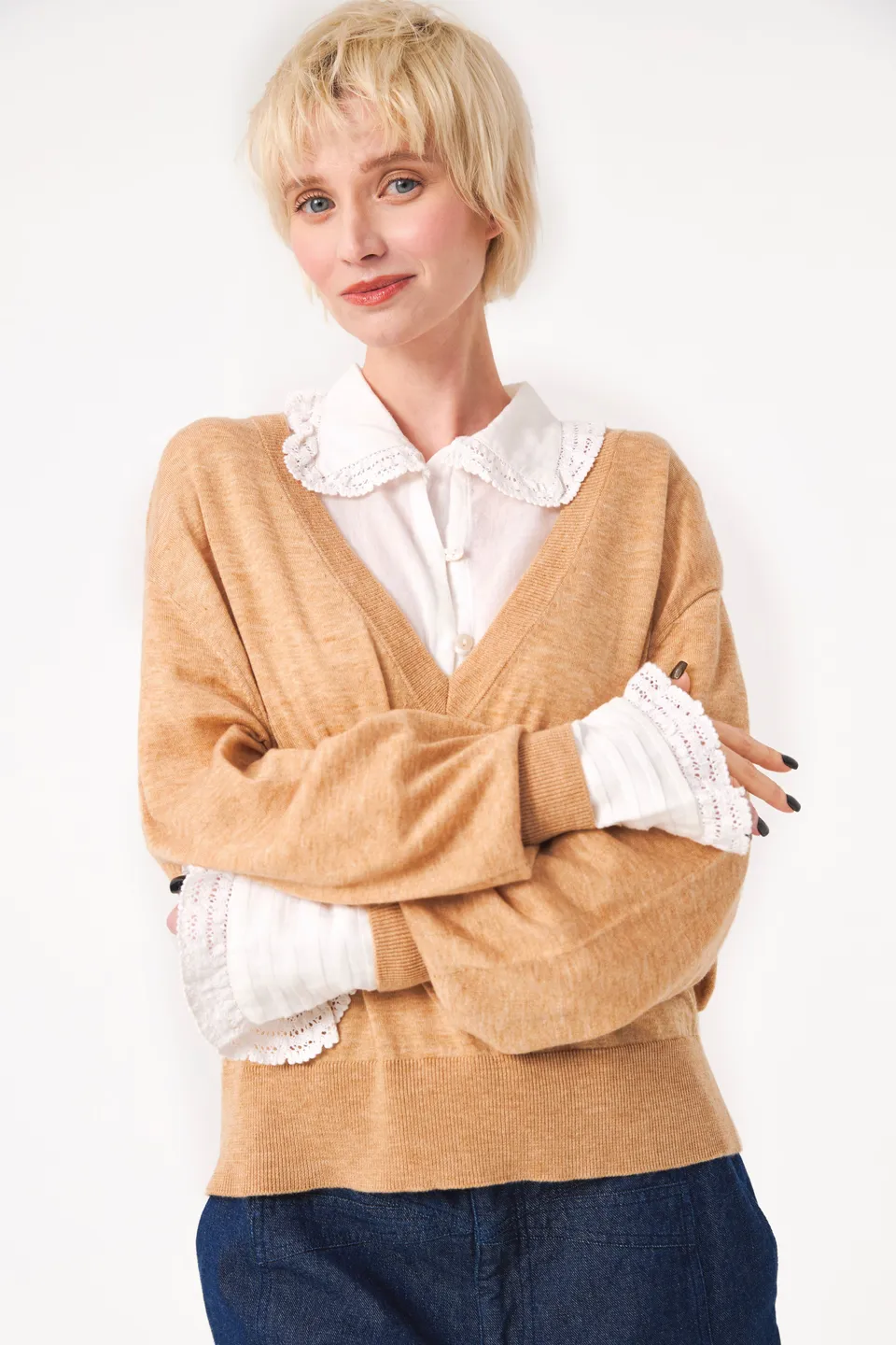 Chicosoleil Poupy pull oversize beige col V laine
