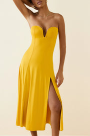 Oh Polly Joely robe bustier jaune jersey fente midaxi