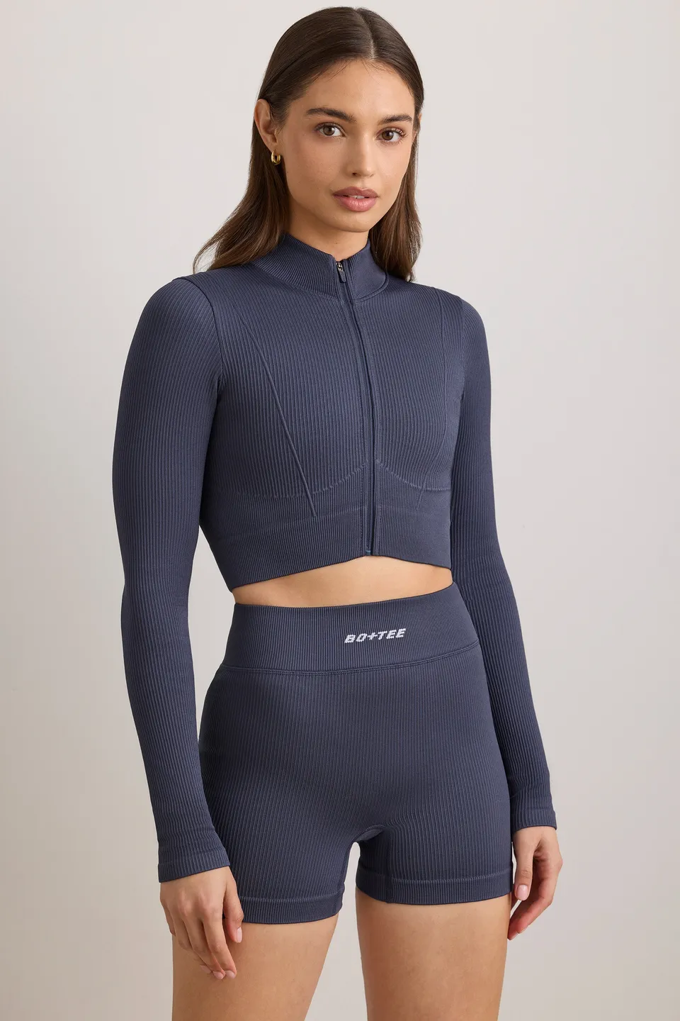 Oh Polly Bo+Tee FlexiRib Zip-Up Cropped Jacket veste indigo slate