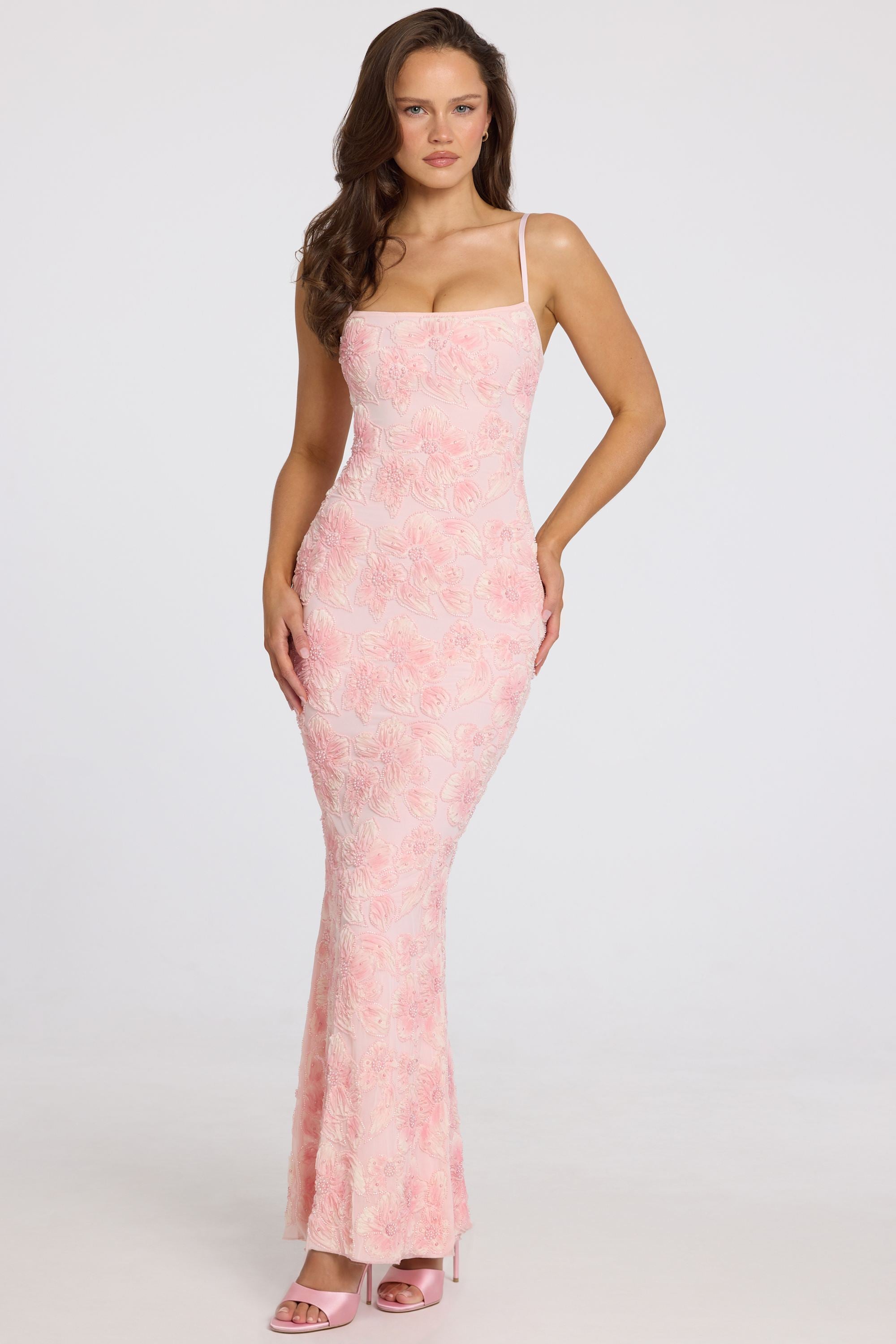 Oh Polly Valora robe maxi ombré rose perles col carré