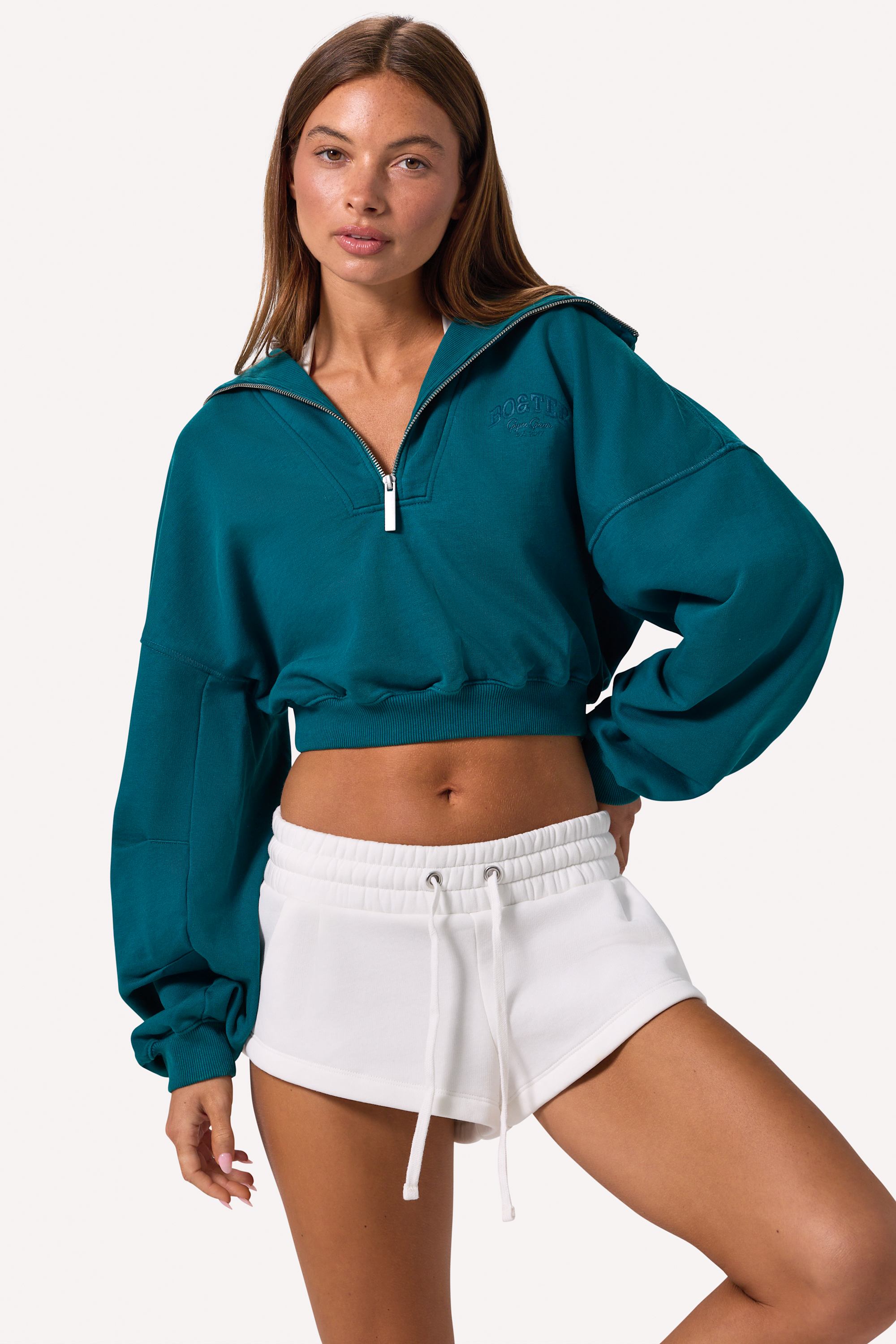Bo+Tee sweat court zippé sarcelle 100% coton
