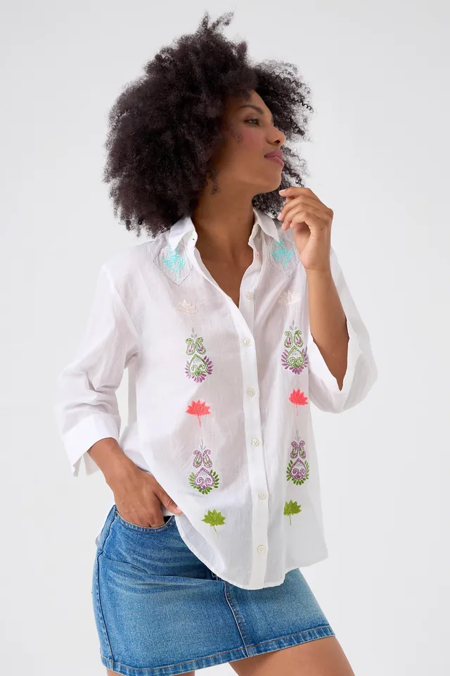 Chicosoleil Swann chemise coton blanc brodée