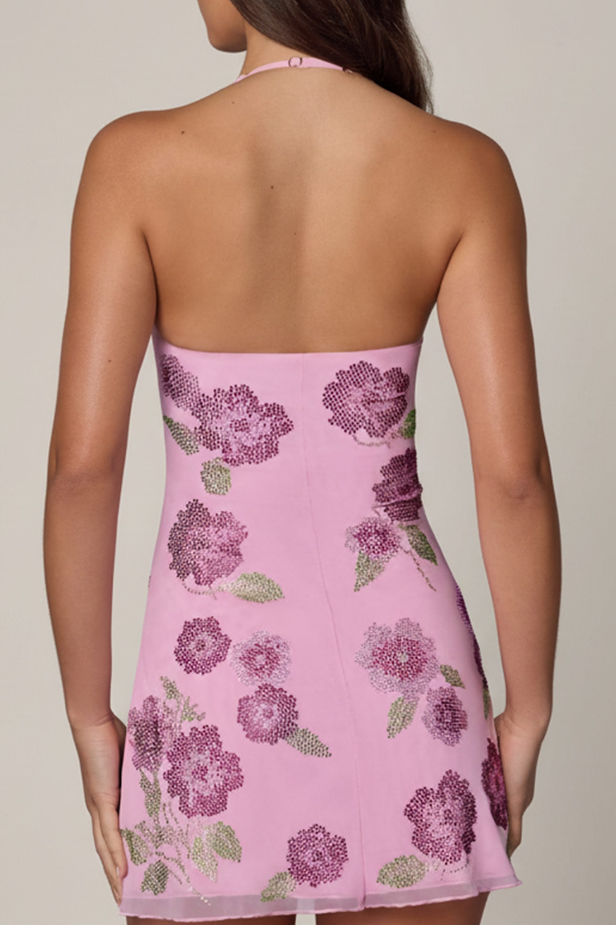 Oh Polly Galene Robe Mini Licou Rose Clair Strass Fleurs