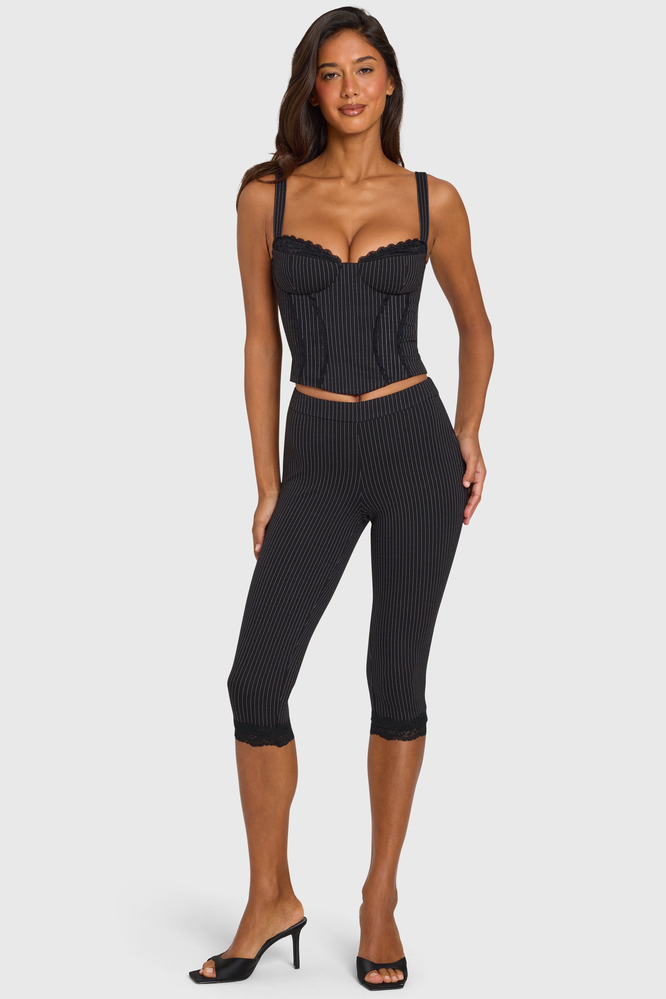 Oh Polly Amren legging capri ponte noir rayé dentelle