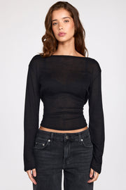 Oh Polly Nari Top Noir Transparent Dos Nu Manches Longues