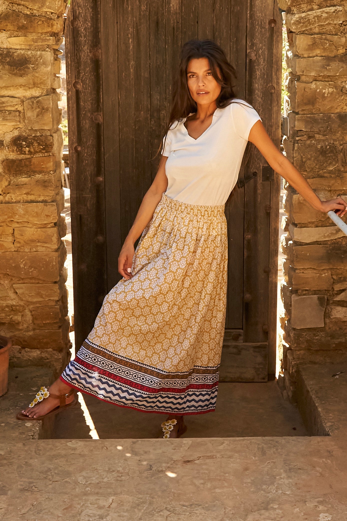 Chicosoleil Minette jupe longue batik moutarde coton