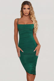 Oh Polly 2211 robe midi ruchee verte col drape