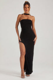 Oh Polly Embellished 6126 maxi robe noire bustier perles