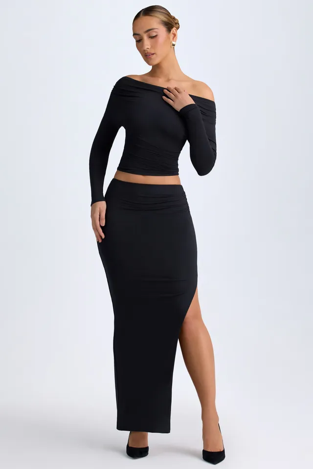 Oh Polly Carolina Maxi Jupe Noire Taille Basse Fendue