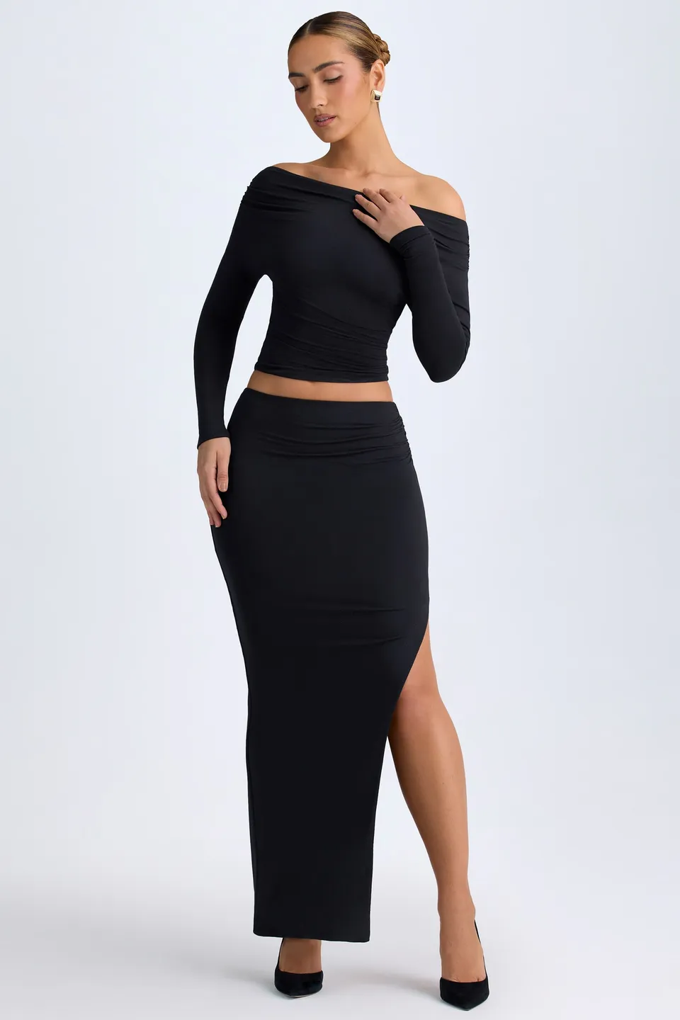 Oh Polly Carolina Maxi Jupe Noire Taille Basse Fendue