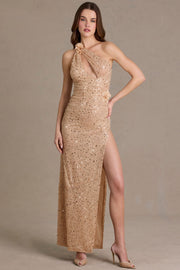 Oh Polly Embellished robe maxi asymétrique sable sequins