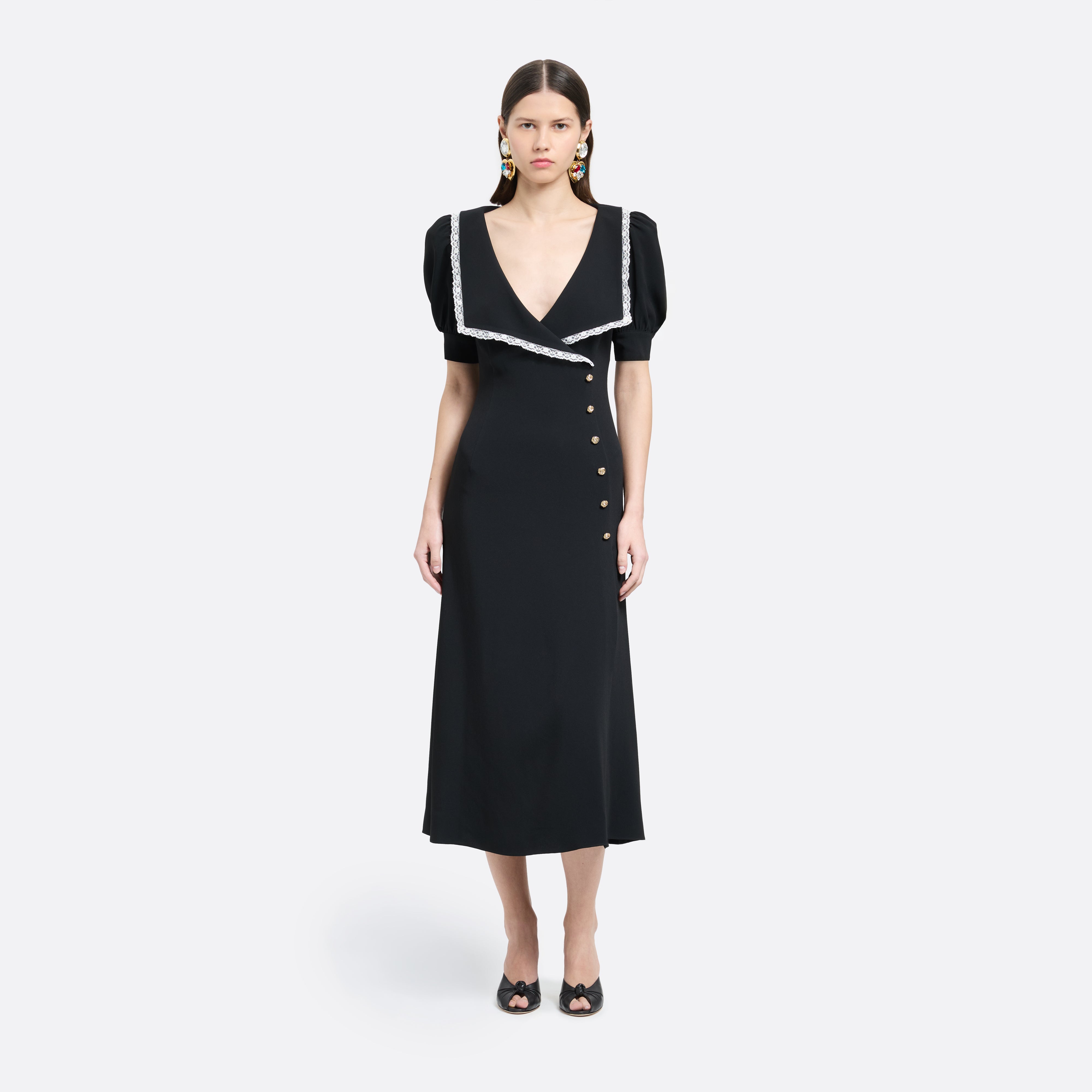 Alessandra Rich Cady Midi Dress Lace Trim robe noire 36
